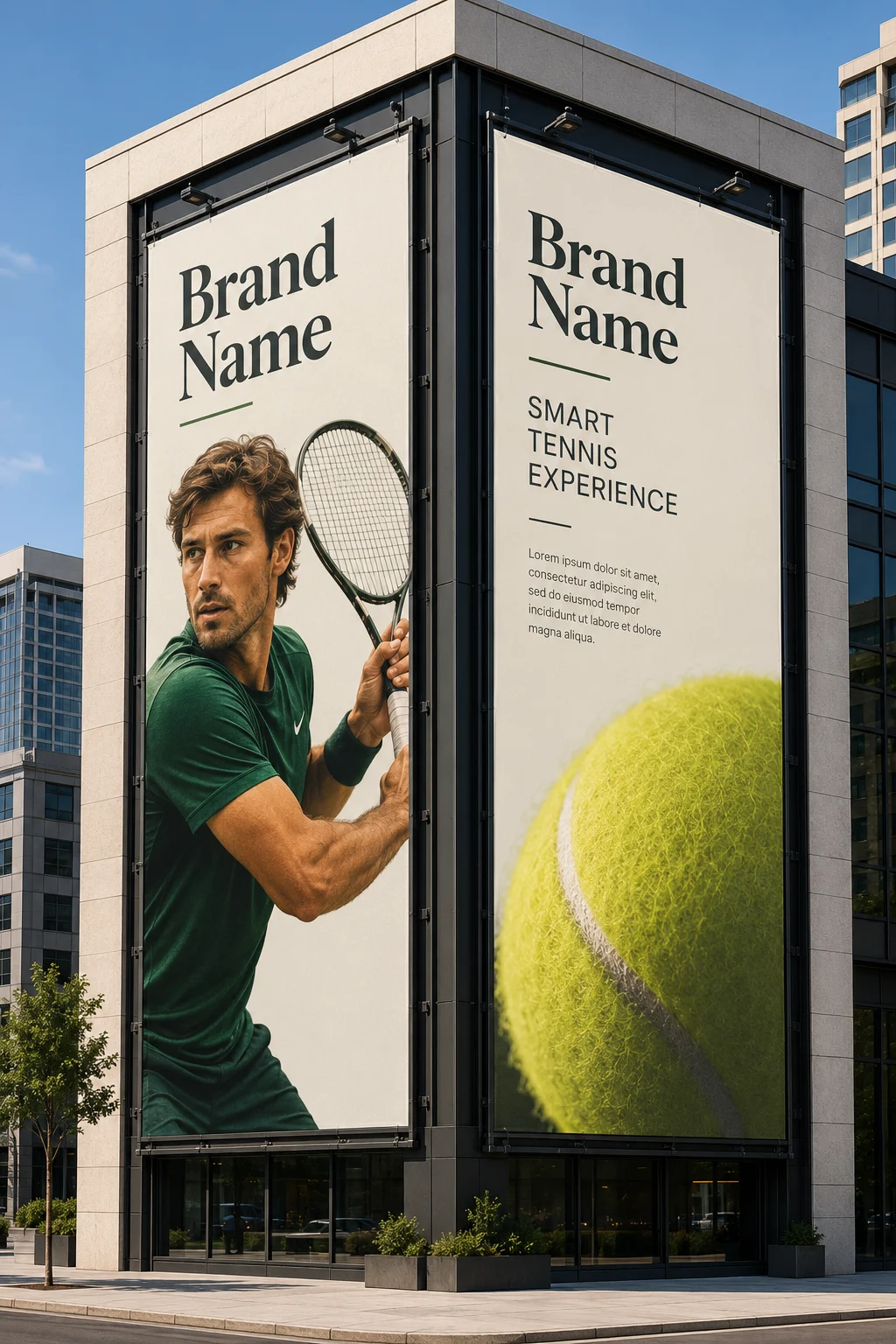 Two large outdoor sports advertising banners mounted on a modern city building featuring a tennis athlete and tennis ball.