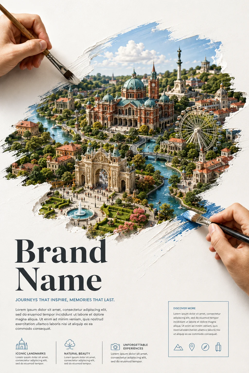 A paint-reveal poster of a miniature city with brush strokes revealing historic buildings, a river, and green parks.