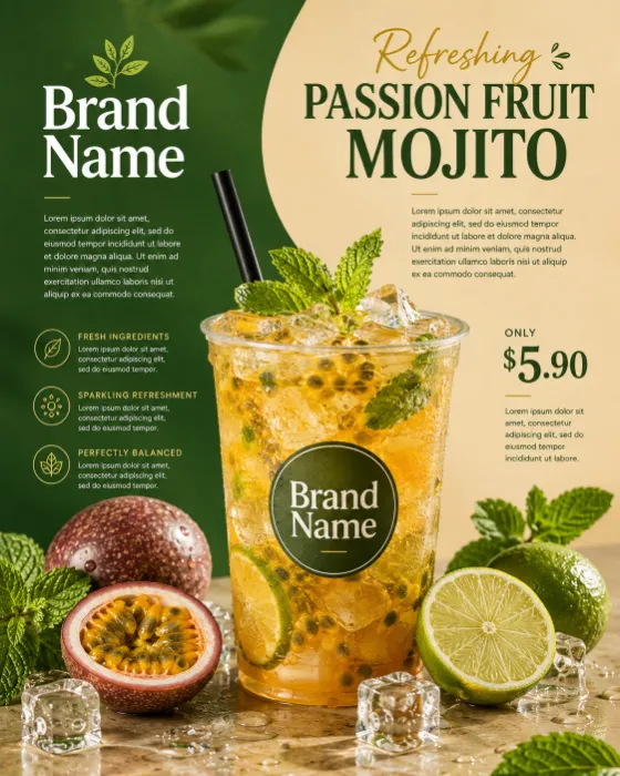 Commercial beverage advertisement featuring a premium passion fruit mojito in a takeaway cup with tropical ingredients on a split botanical background.