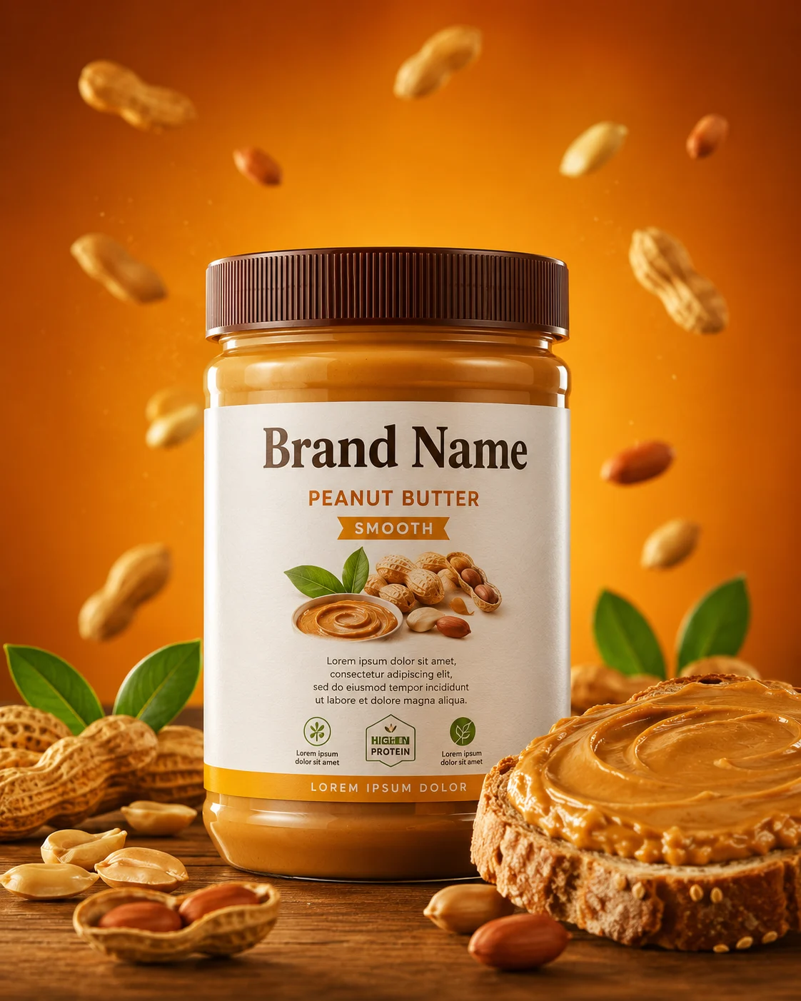 A premium peanut butter jar with a ribbed brown cap and clean label on a wooden table, surrounded by peanuts and bread with peanut butter spread, in warm amber light.