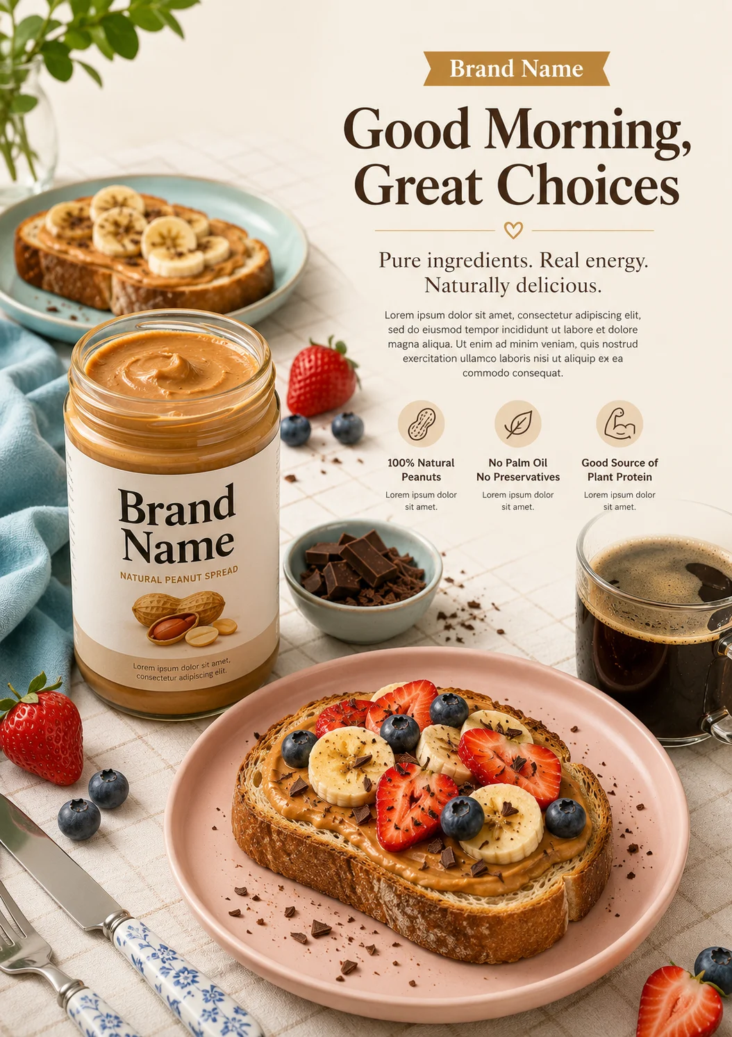 Commercial breakfast scene with peanut spread, artisan toast, fruit, and coffee in premium editorial styling.