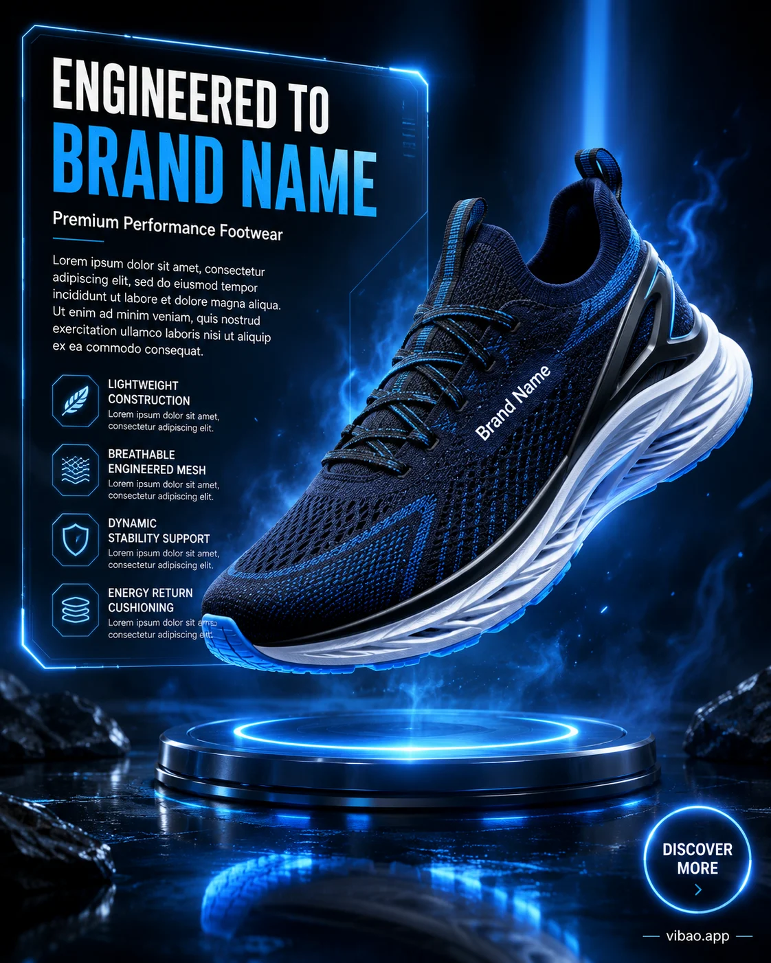 Premium athletic training shoe floating above an illuminated platform in a futuristic blue technology environment.