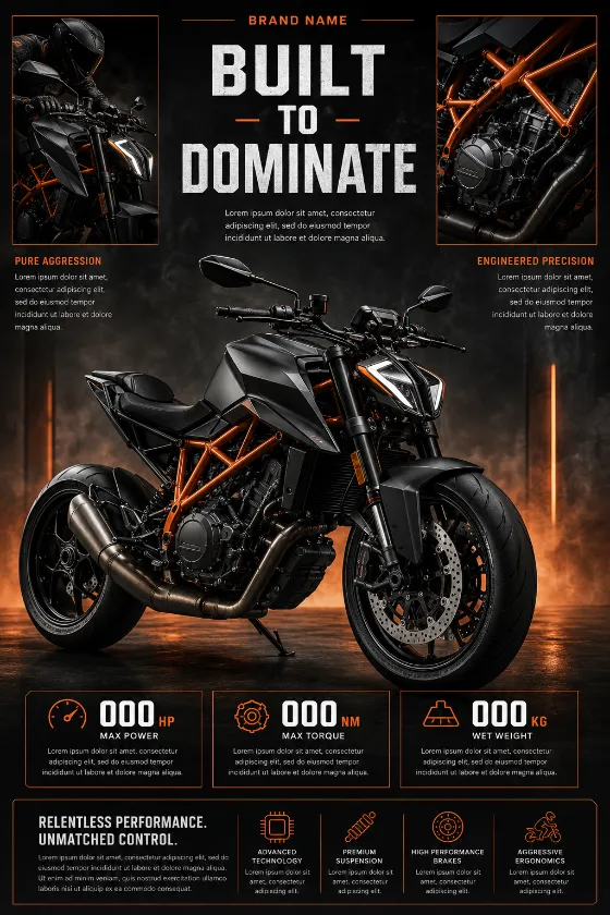 Vertical poster design for a hyper-naked motorcycle campaign featuring editorial layout, detail panels, and specification cards in a smoky studio.