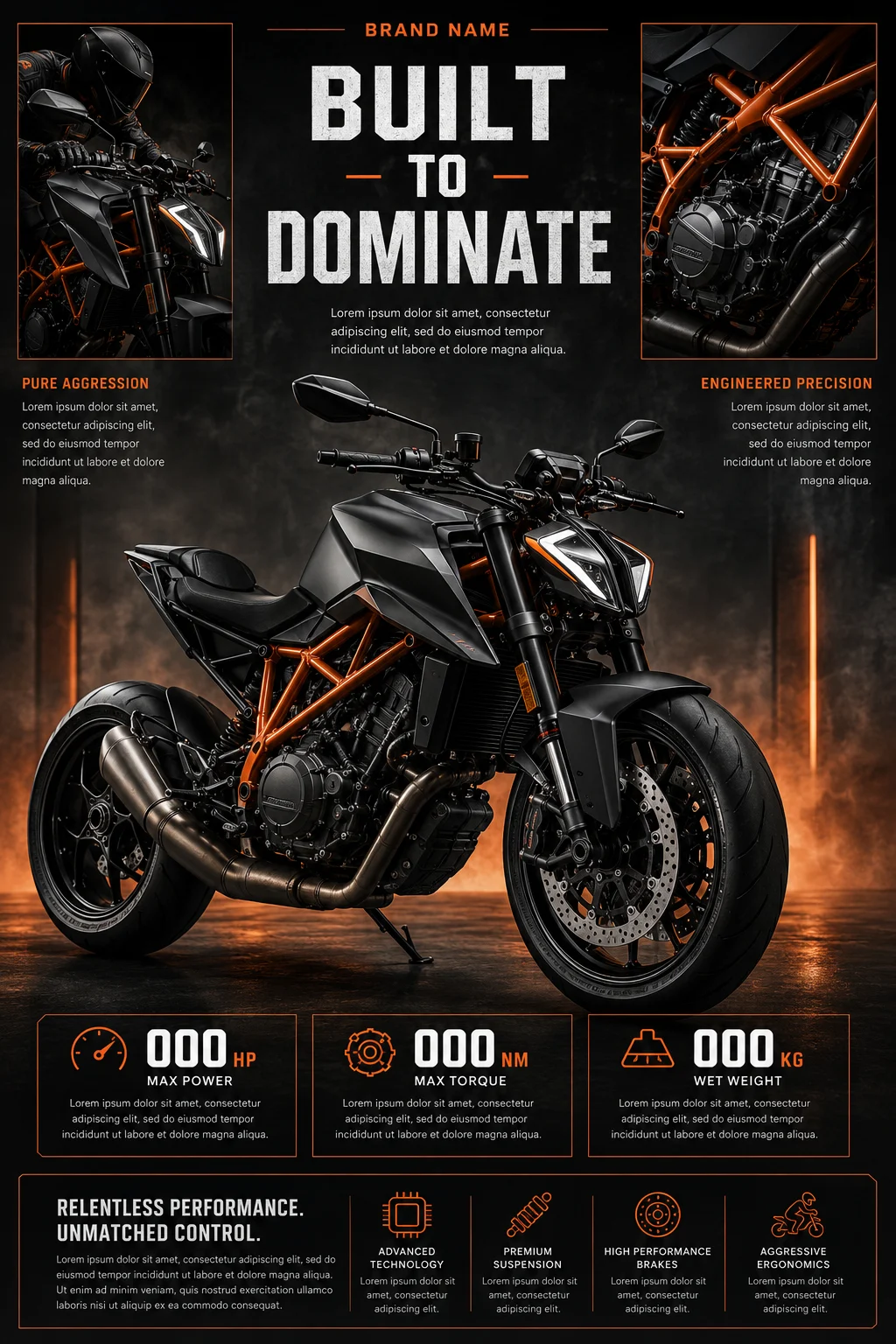 Vertical poster design for a hyper-naked motorcycle campaign featuring editorial layout, detail panels, and specification cards in a smoky studio.