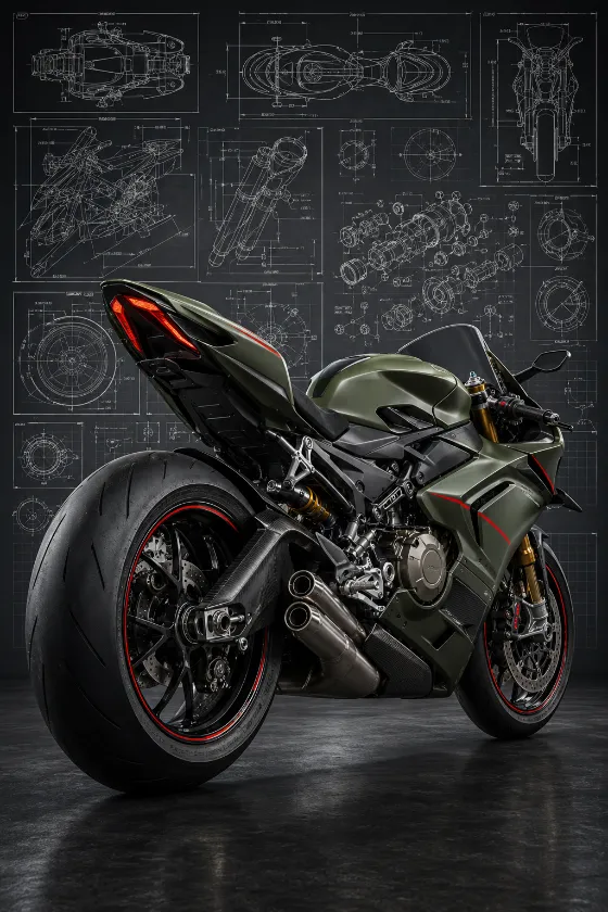 Rear three-quarter view of a satin olive green sport motorcycle with carbon fiber and titanium details in front of engineering blueprint drawings.