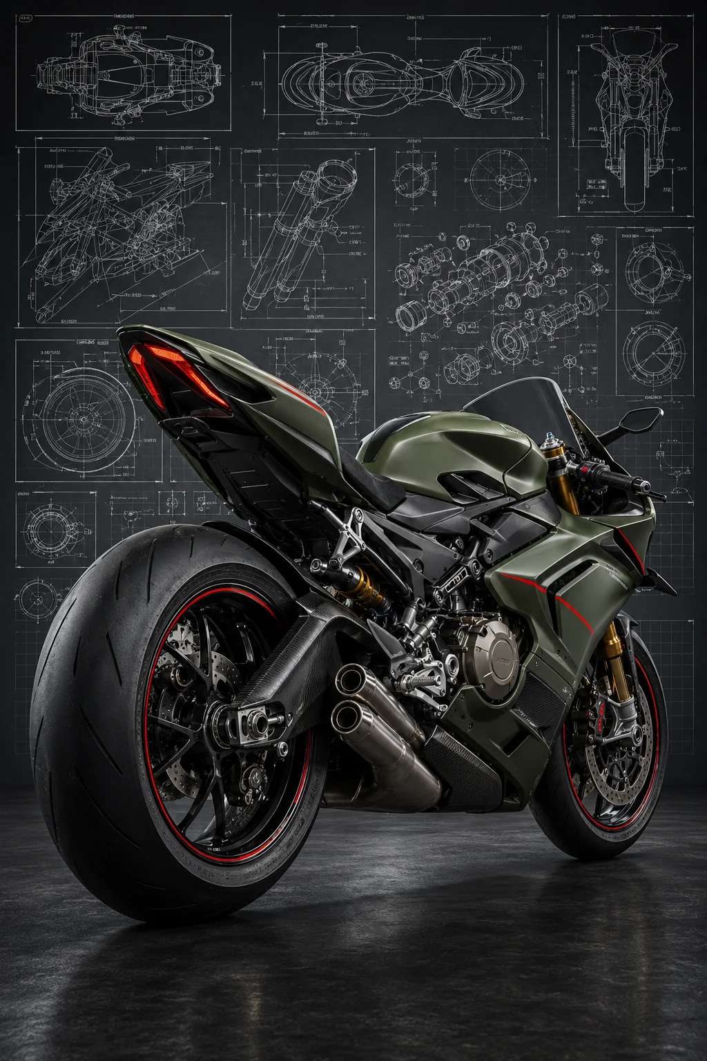 Rear three-quarter view of a satin olive green sport motorcycle with carbon fiber and titanium details in front of engineering blueprint drawings.