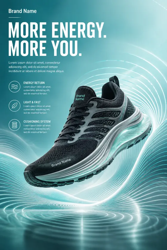 A striking sports product advertisement showing a premium running shoe levitating inside a glowing contour-wave tunnel with an aqua-blue gradient background.