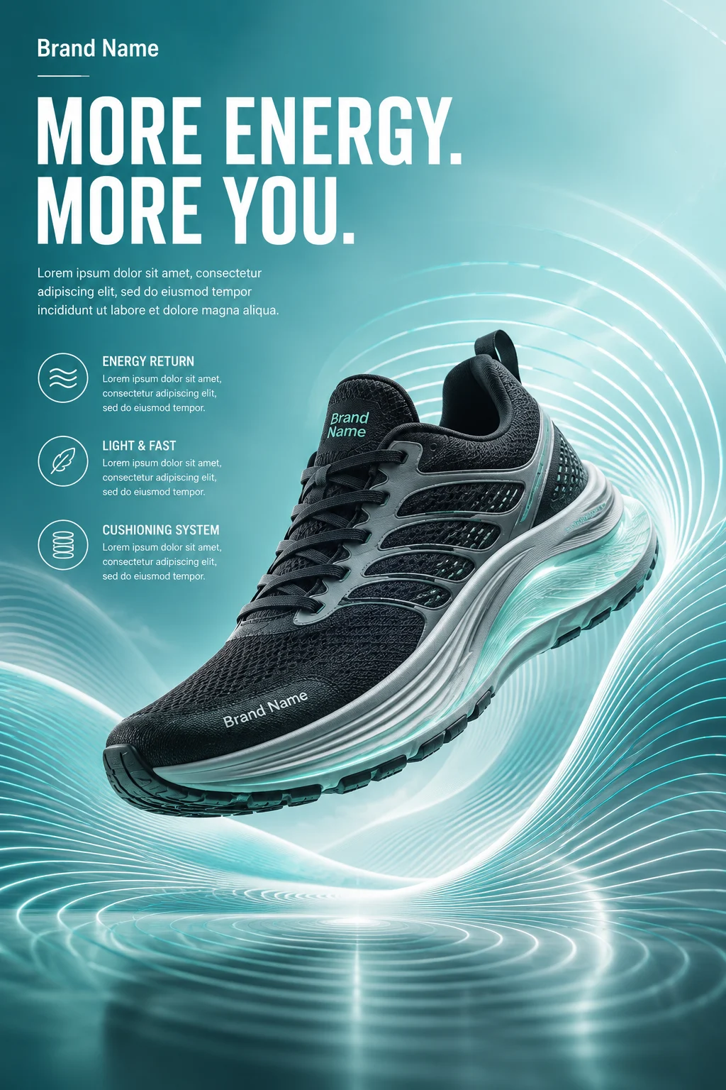 A striking sports product advertisement showing a premium running shoe levitating inside a glowing contour-wave tunnel with an aqua-blue gradient background.