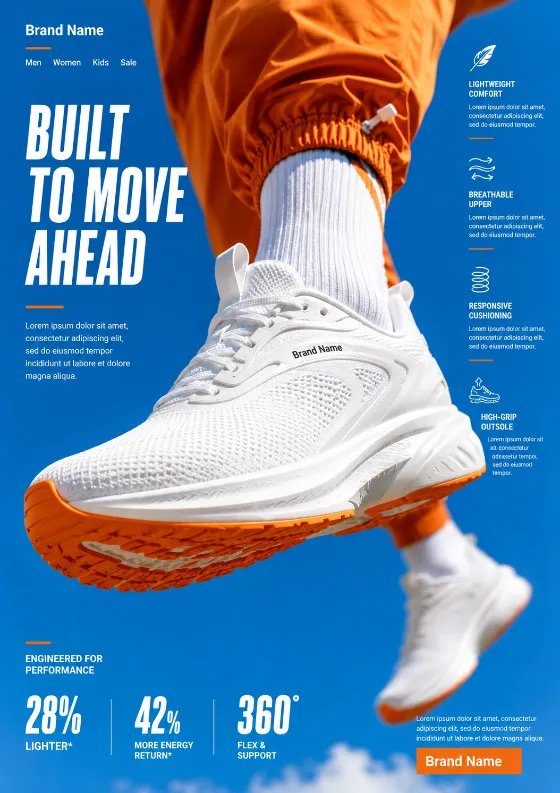 Commercial sports campaign featuring a premium white performance sneaker with an orange outsole.