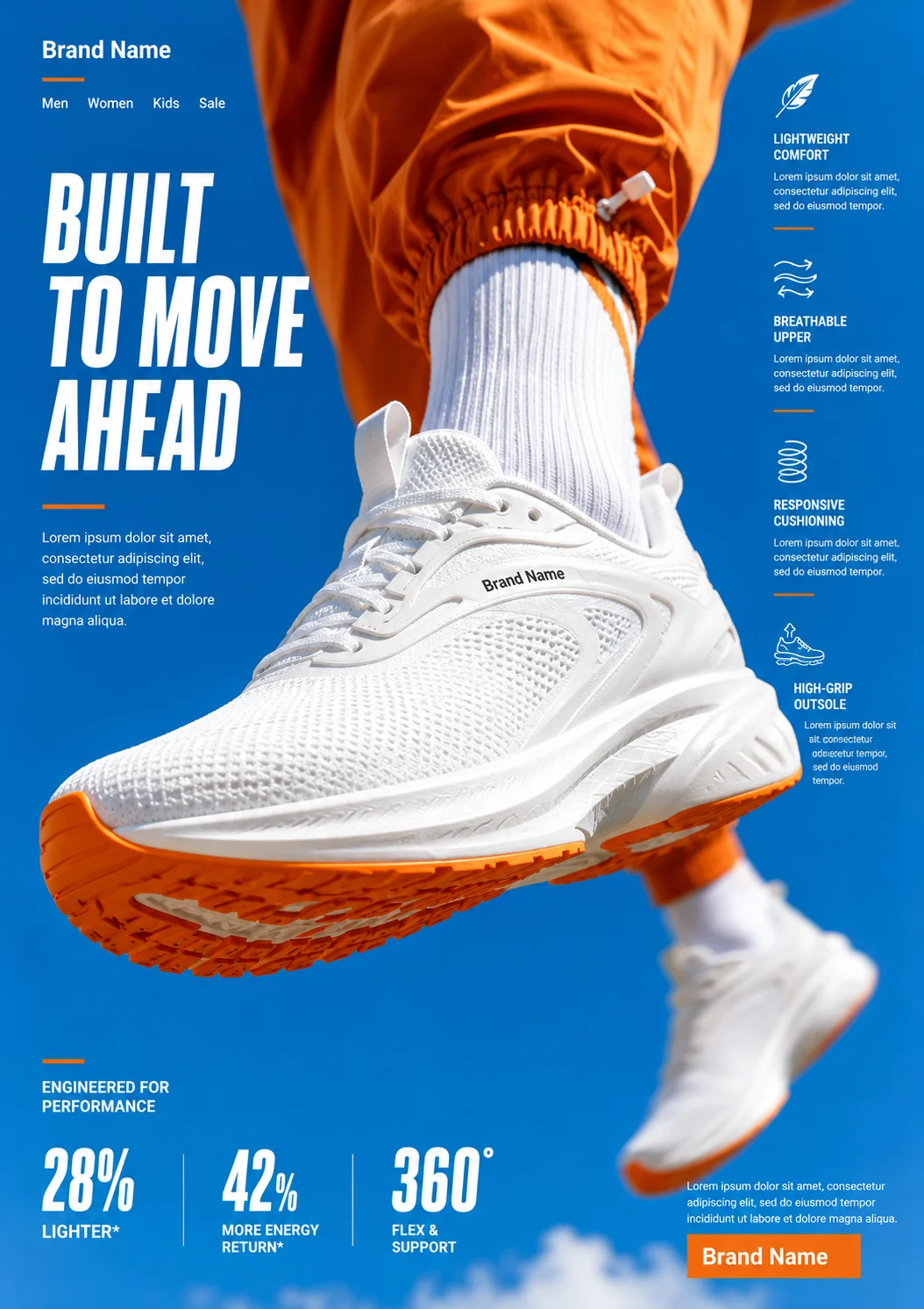 Commercial sports campaign featuring a premium white performance sneaker with an orange outsole.
