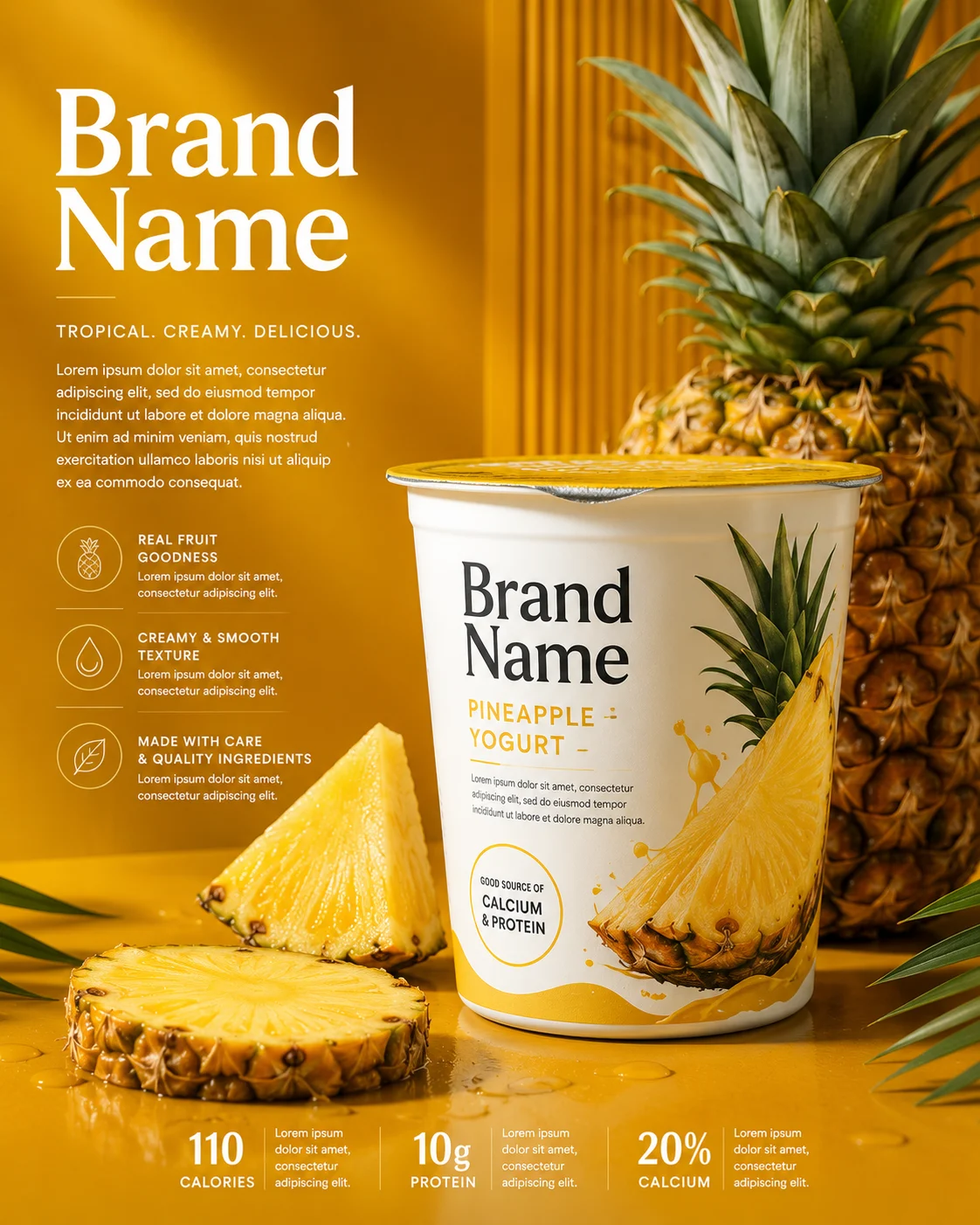Commercial advertisement featuring premium pineapple yogurt with fresh pineapple styling.