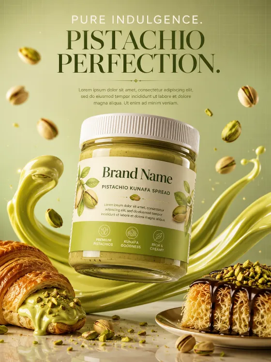 A glass jar of pistachio kunafa spread floating over a glossy cream ribbon, with a croissant and kunafa dessert on a reflective surface.