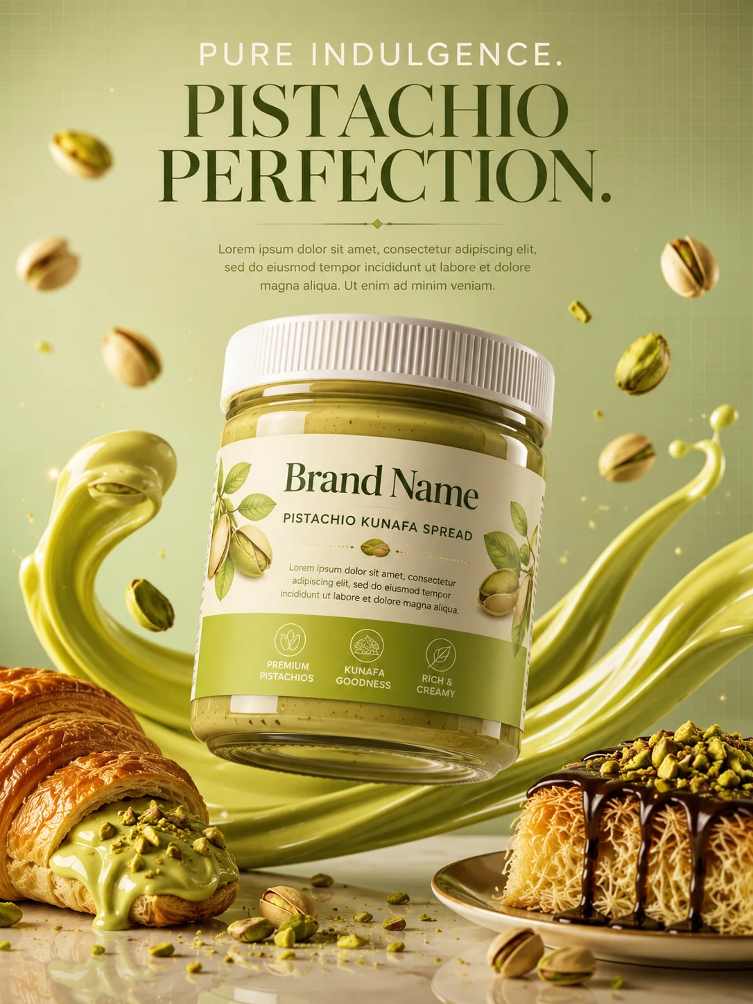 A glass jar of pistachio kunafa spread floating over a glossy cream ribbon, with a croissant and kunafa dessert on a reflective surface.
