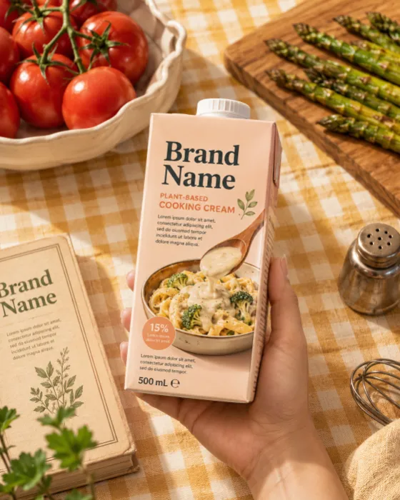 A premium plant-based cooking cream carton held by a hand on a rustic kitchen table with fresh vegetables.
