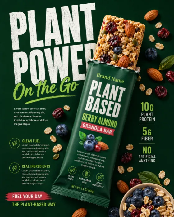 Premium plant-based granola bar packaging with berries, oats and almonds in a modern commercial campaign.