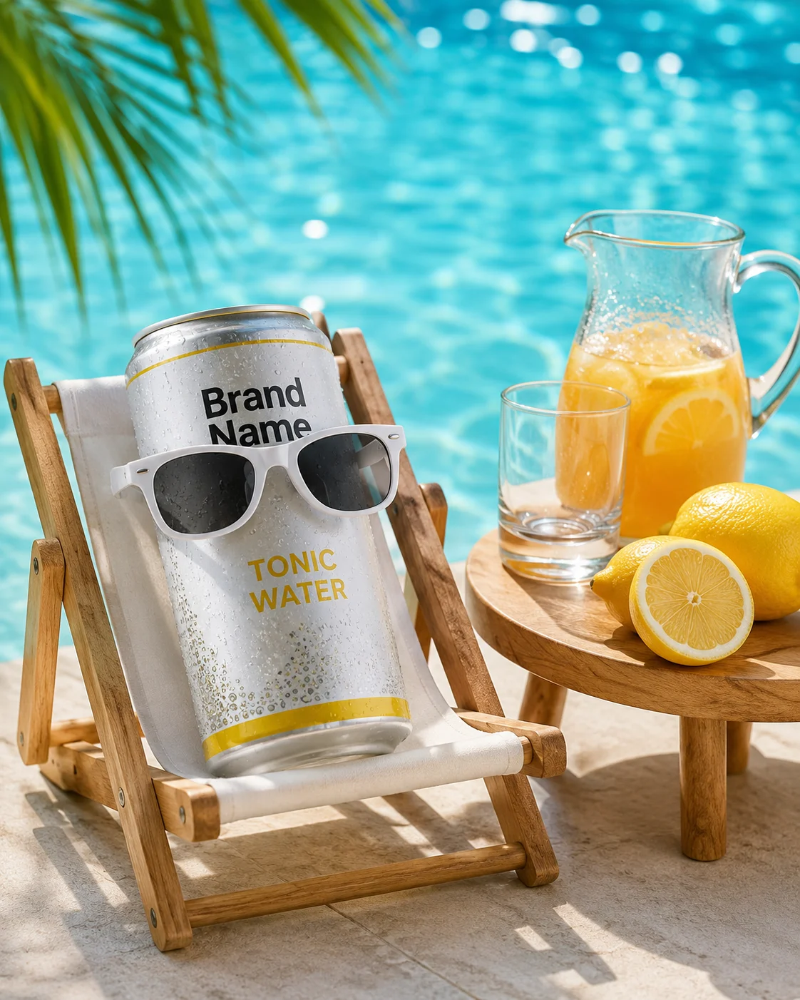 Commercial beverage can displayed on a small beach chair beside a swimming pool with citrus props.