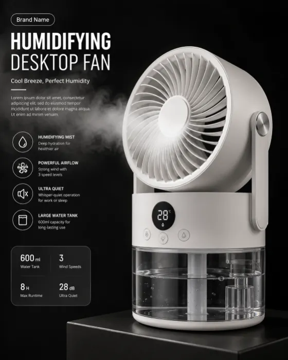 White portable humidifying fan with transparent tank on a dark studio pedestal with soft mist.