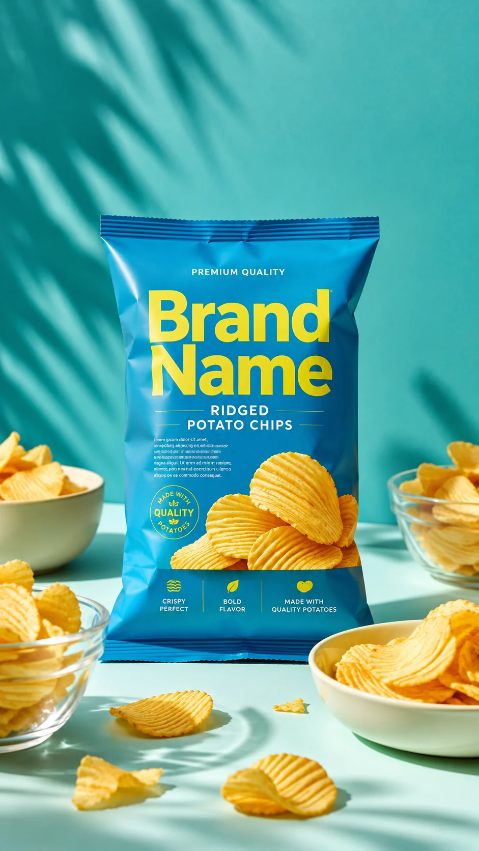 Professional studio product image of a potato chip package with serving bowls and scattered chips.