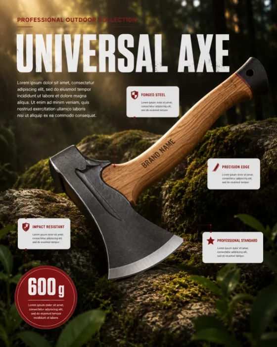Commercial outdoor tool poster featuring a forged axe displayed on a moss-covered forest floor.