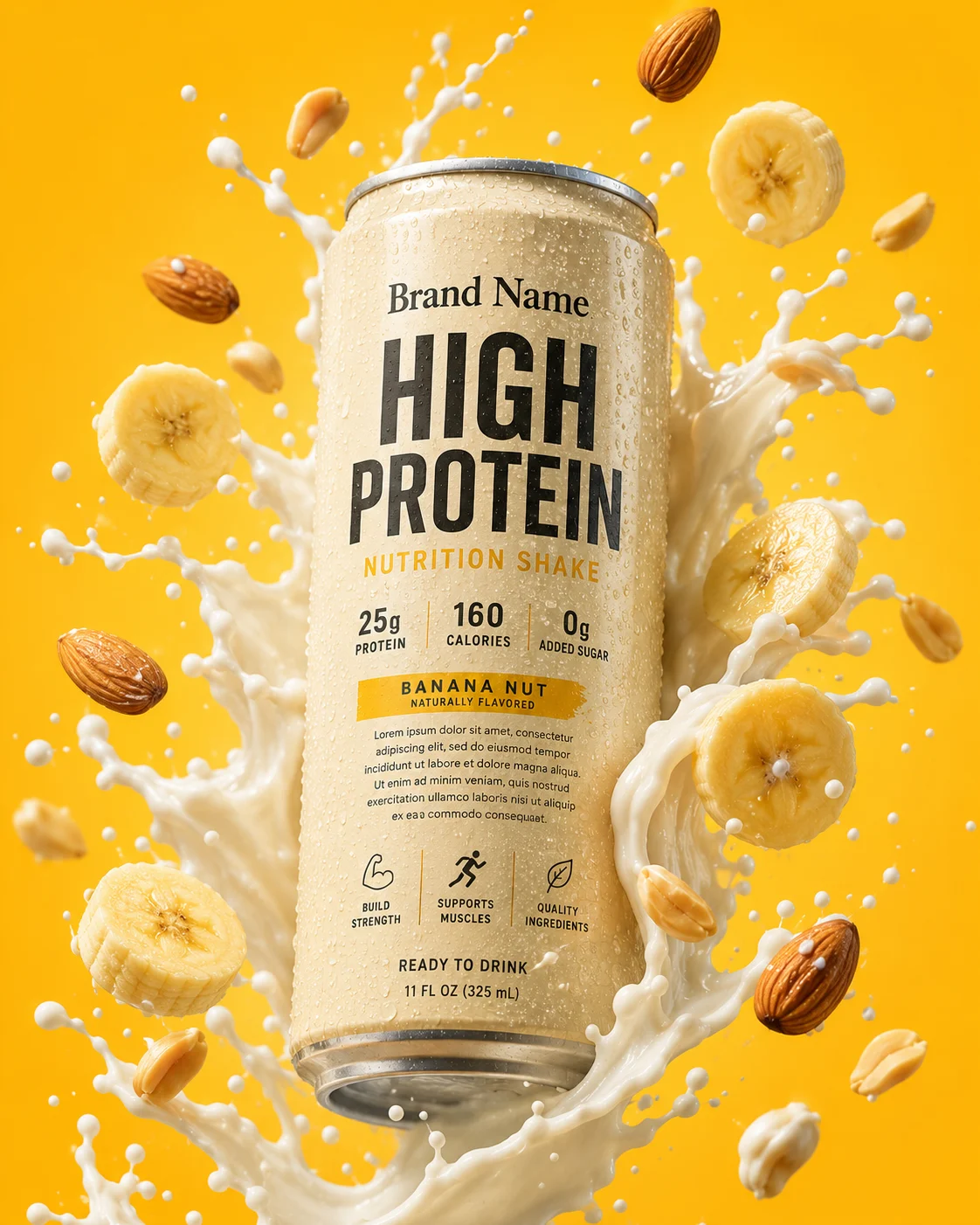 Luxury protein beverage product campaign featuring a floating can with dynamic milk splashes.