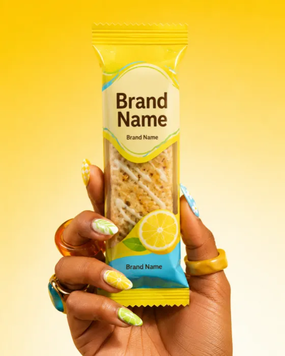 Premium nutrition snack packaging photographed with a decorative hand in a clean studio setting.