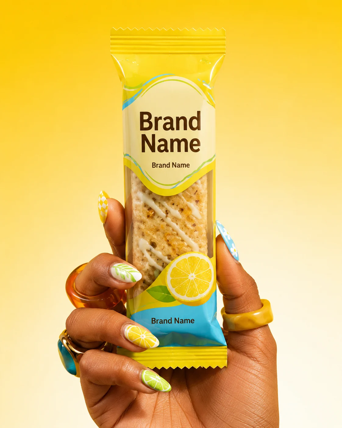 Premium nutrition snack packaging photographed with a decorative hand in a clean studio setting.