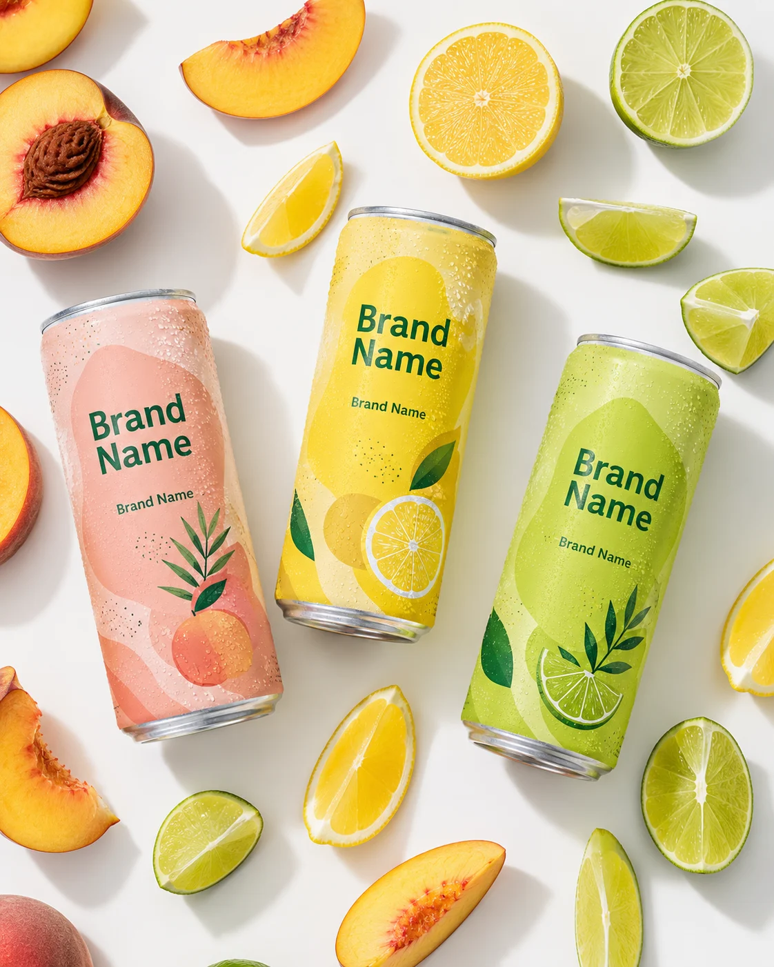 Three premium beverage cans displayed with citrus fruit in a minimal studio flat-lay composition.