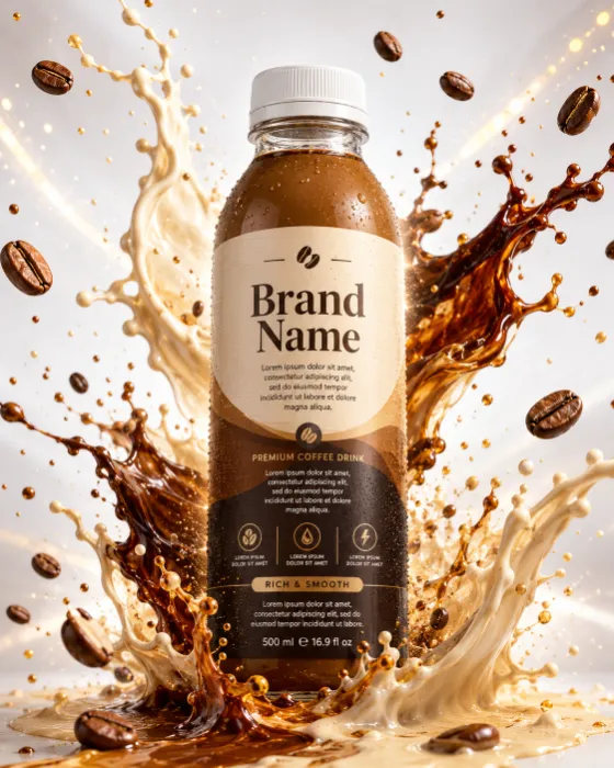 A premium ready-to-drink coffee bottle with dynamic espresso and milk splashes, floating coffee beans, and creamy foam on a bright studio background.