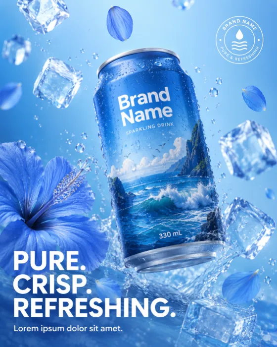 Commercial beverage poster with a chilled blue aluminum can surrounded by floating ice and flower petals.