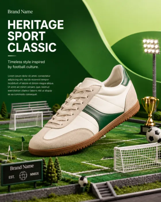 Premium retro sneaker on miniature football field with goalposts and trophy, luxury editorial lighting.