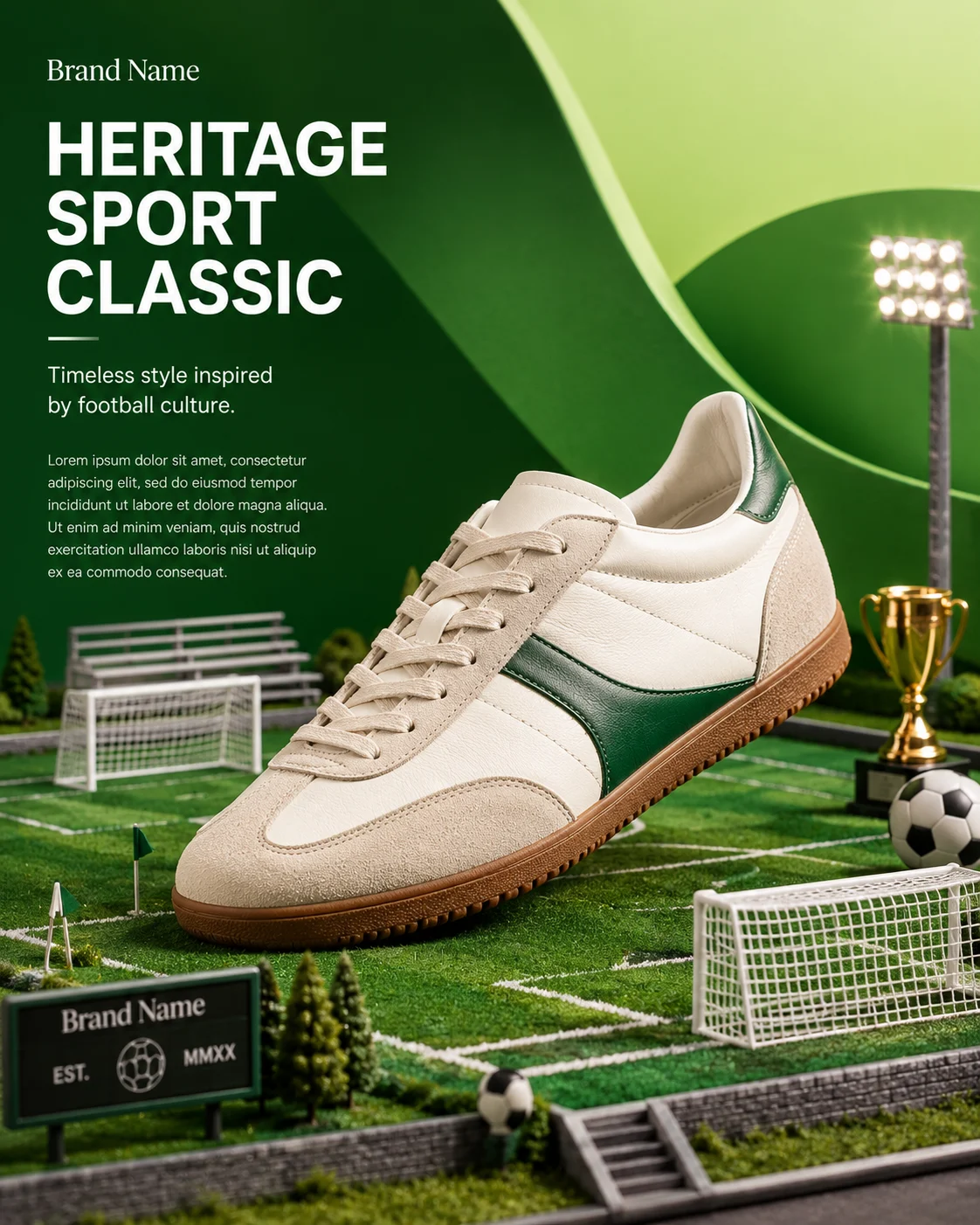 Premium retro sneaker on miniature football field with goalposts and trophy, luxury editorial lighting.