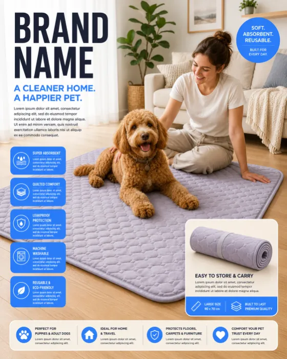 A cozy living room scene with a dog resting on a quilted reusable pet training pad, a rolled pad on the side, and an owner nearby in a bright airy interior.