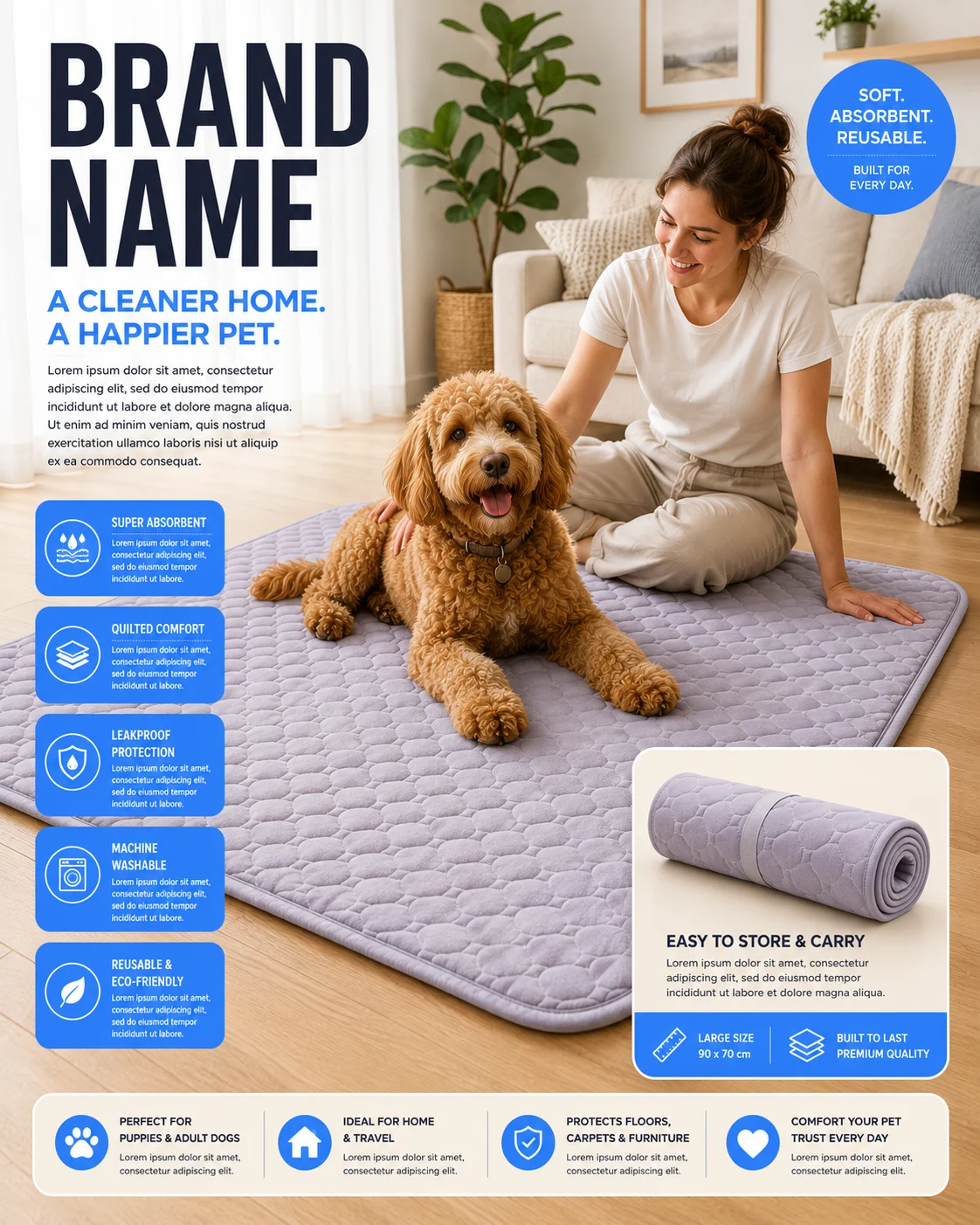 A cozy living room scene with a dog resting on a quilted reusable pet training pad, a rolled pad on the side, and an owner nearby in a bright airy interior.