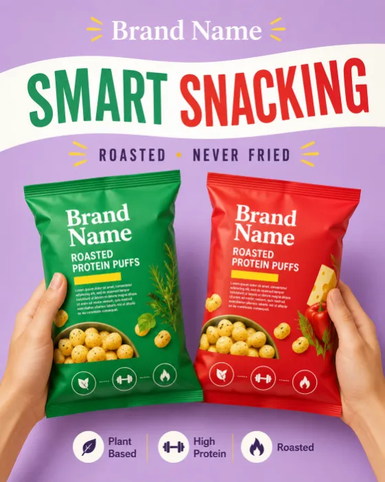 Commercial advertising image featuring two premium protein snack bags with colorful packaging and modern editorial styling.
