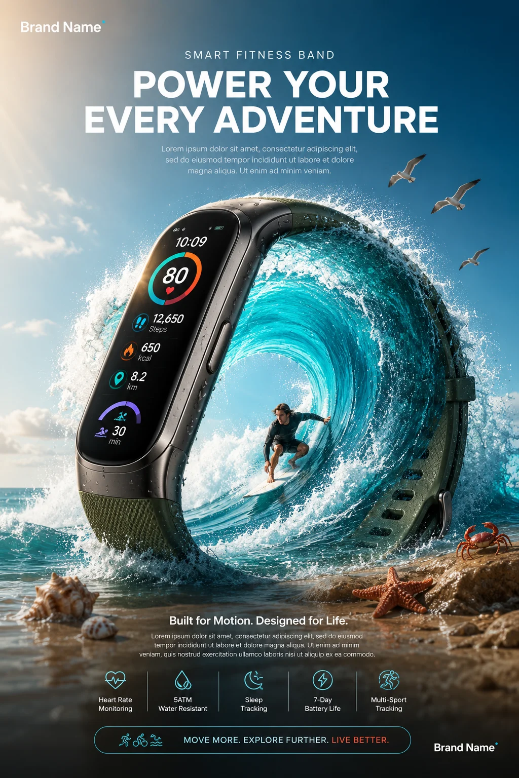 product design with beach ocean, shown in a poster-style visual layout