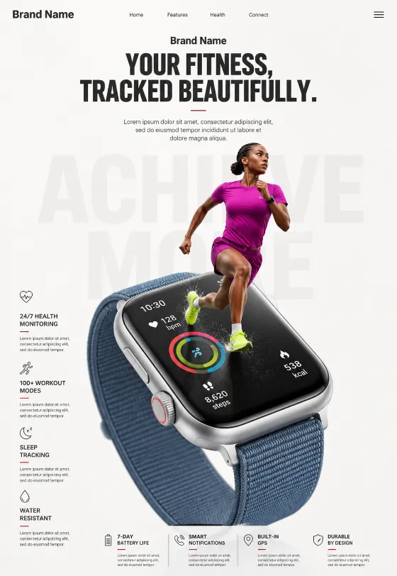 Commercial technology advertisement featuring a premium smartwatch with a fitness concept.