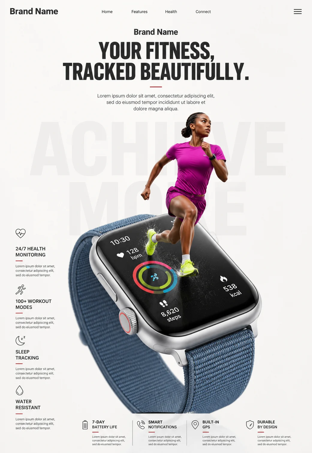 Commercial technology advertisement featuring a premium smartwatch with a fitness concept.