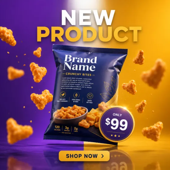 Commercial snack packaging poster with floating product and premium studio lighting.