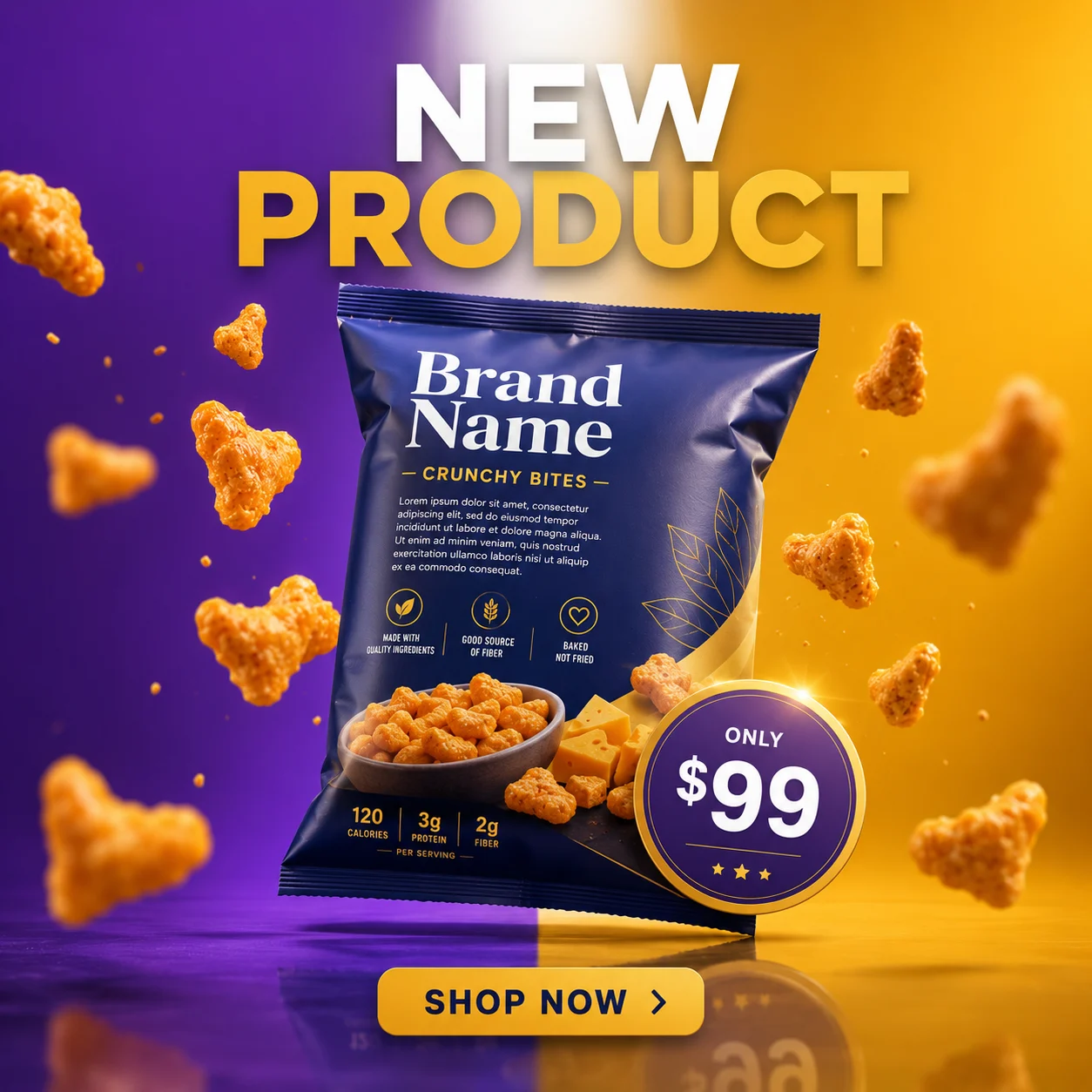 Commercial snack packaging poster with floating product and premium studio lighting.