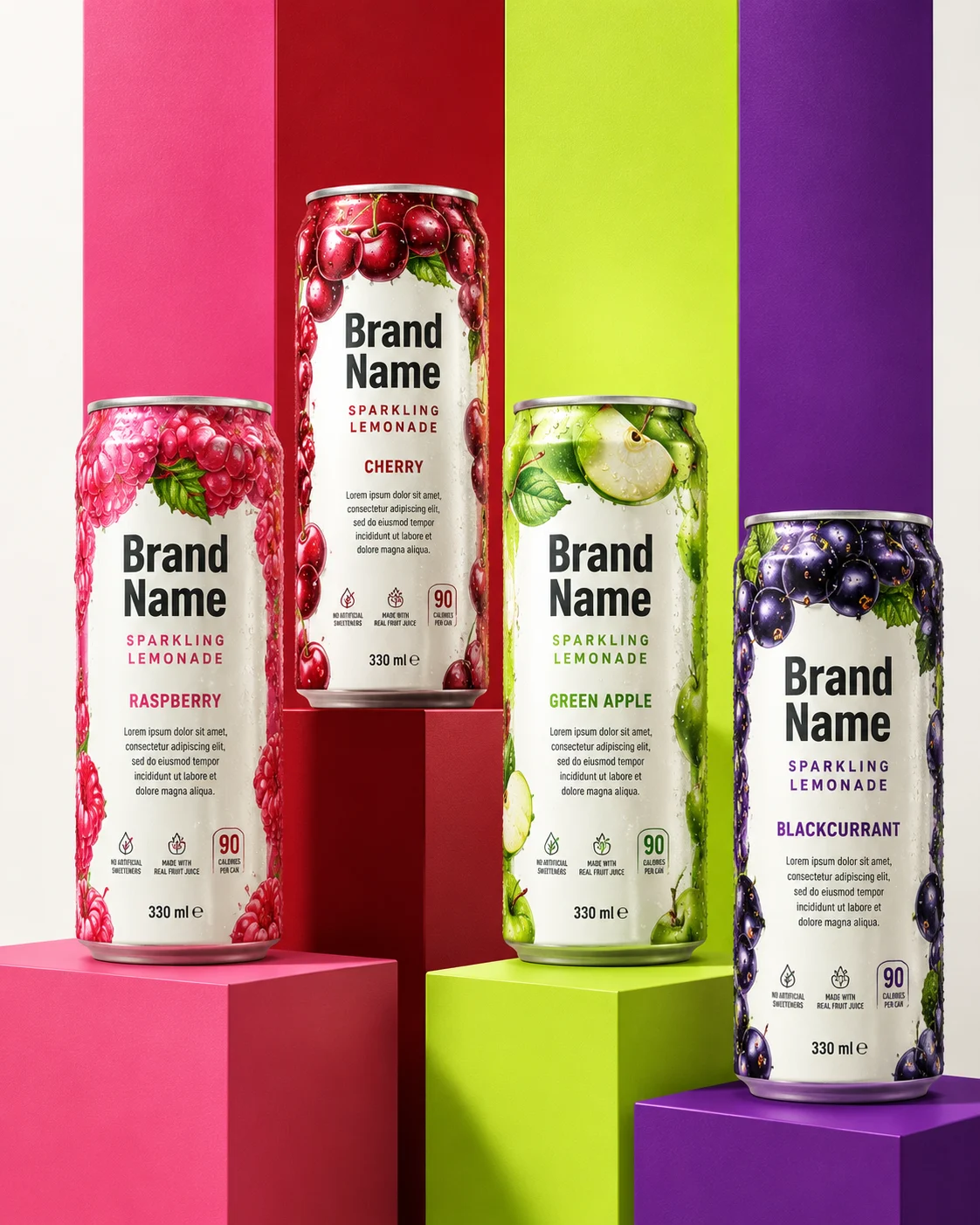 Four colorful sparkling beverage cans displayed on modern geometric podiums in a vibrant studio.