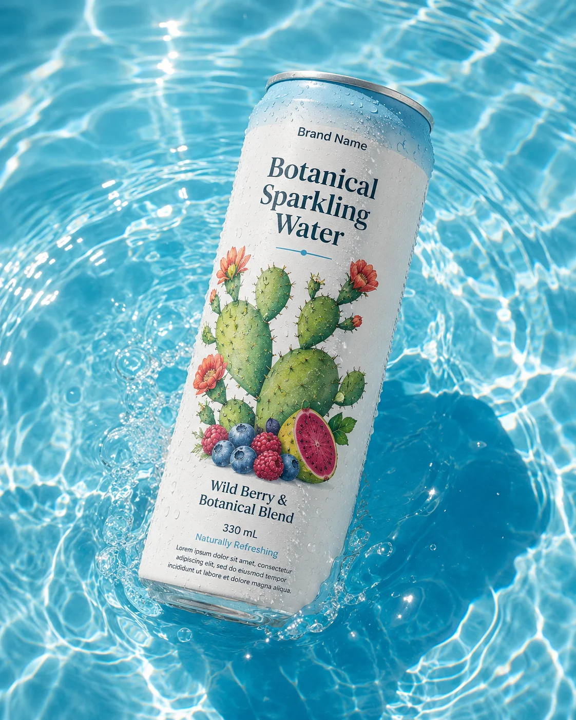 Premium beverage can floating in sunlit swimming pool water with refreshing summer aesthetics.