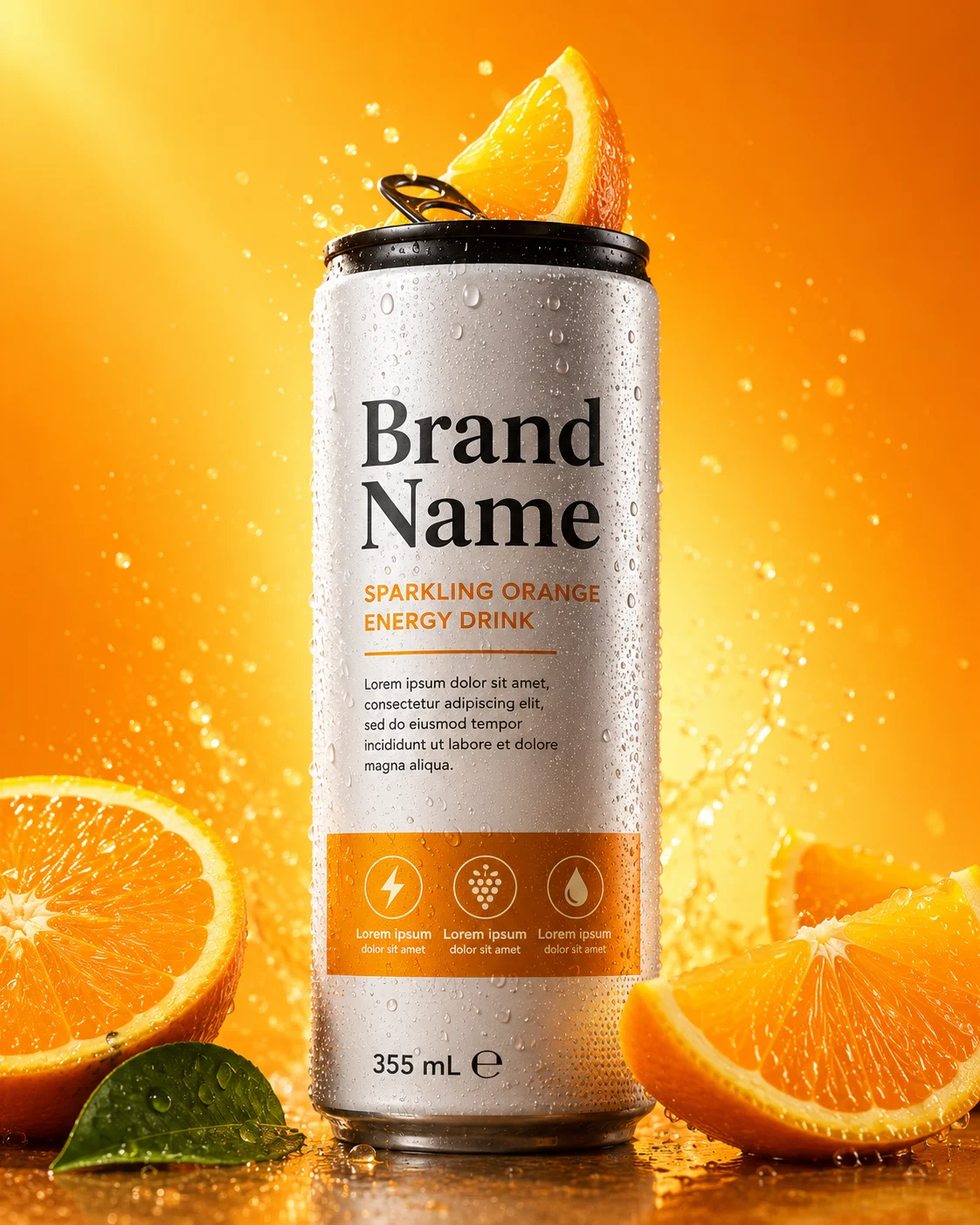 Luxury sparkling citrus beverage can displayed with fresh oranges in a premium commercial studio.
