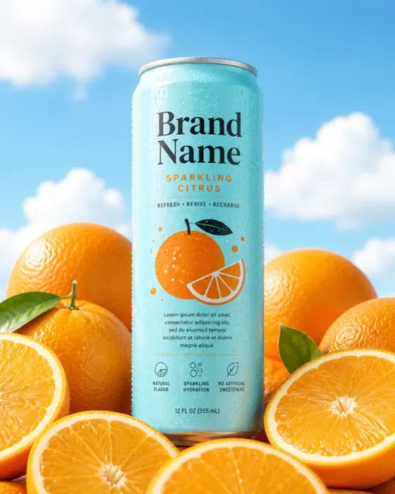 Commercial sparkling beverage campaign featuring a chilled aluminum can with fresh oranges.