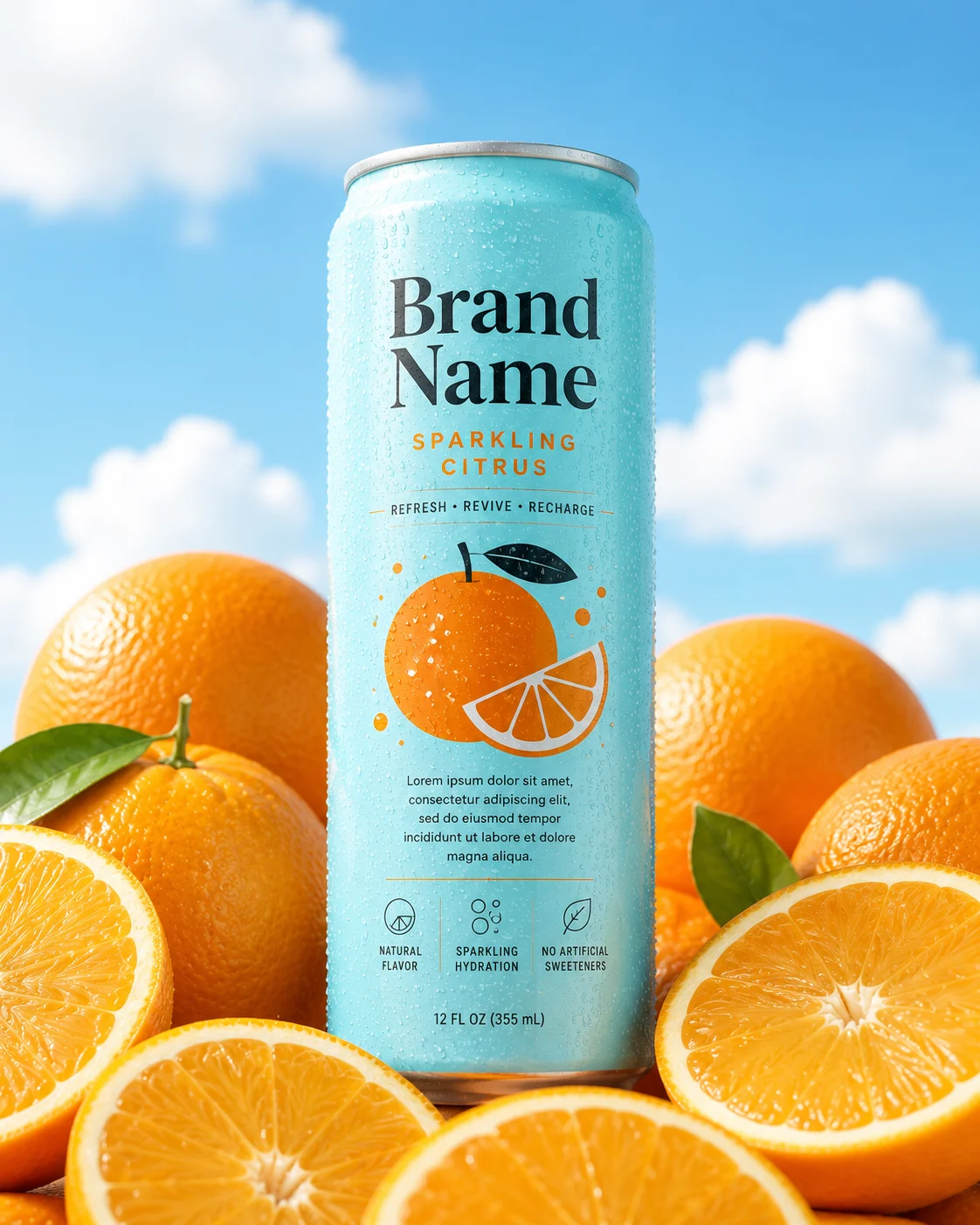 Commercial sparkling beverage campaign featuring a chilled aluminum can with fresh oranges.