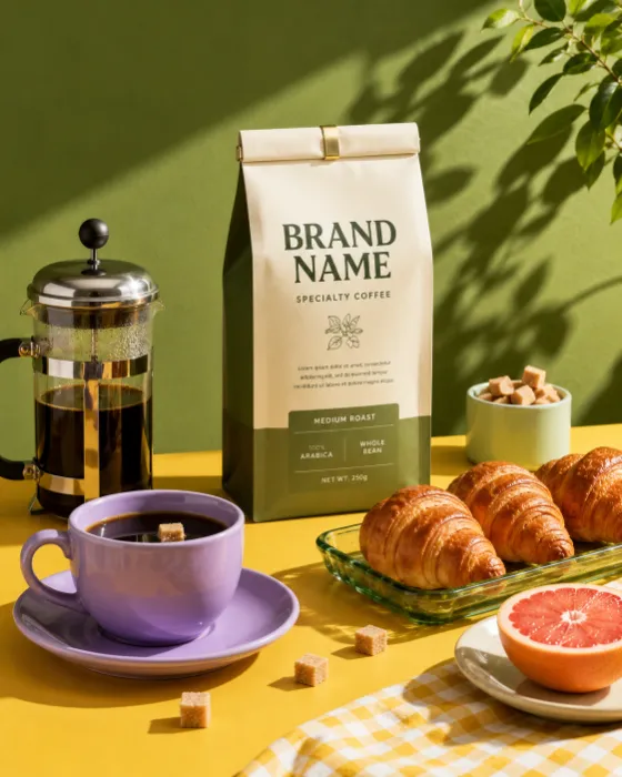 Specialty coffee package with breakfast accessories in a colorful contemporary commercial setting.