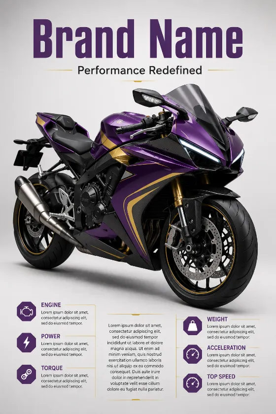 Original sport motorcycle with violet fairings and gold accents, positioned in a three-quarter studio shot with professional lighting.