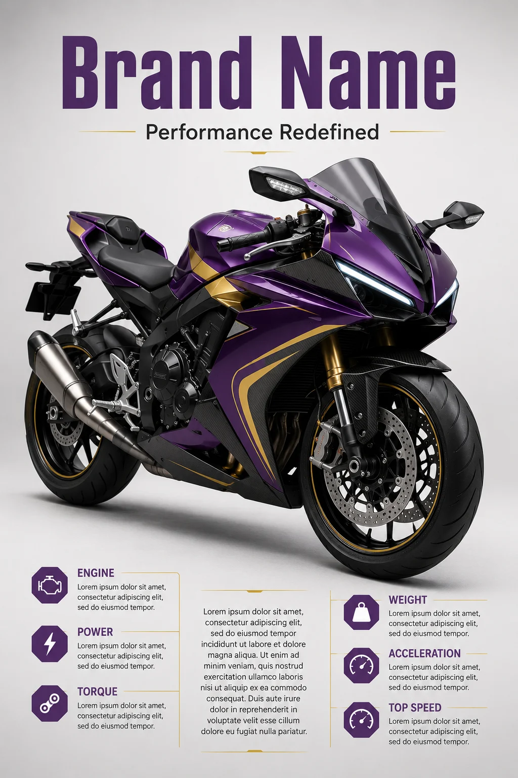 Original sport motorcycle with violet fairings and gold accents, positioned in a three-quarter studio shot with professional lighting.