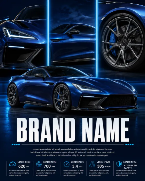 Luxury sports coupe automotive editorial poster with blue studio lighting and three illuminated background panels.