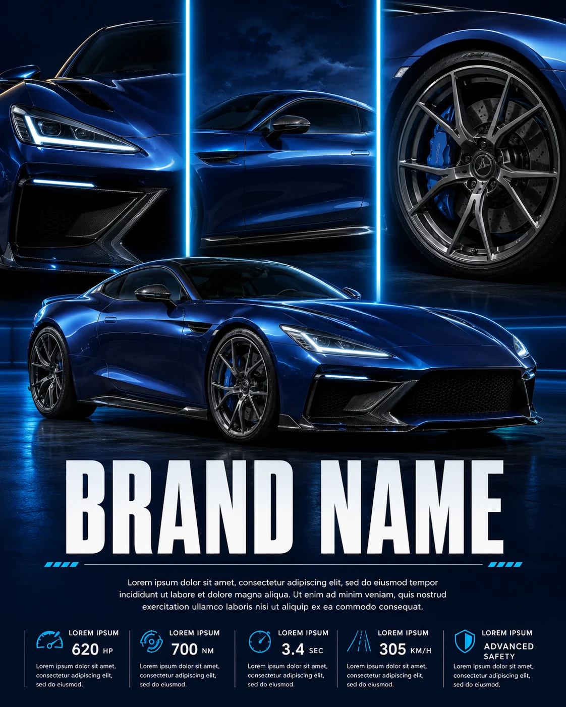 Luxury sports coupe automotive editorial poster with blue studio lighting and three illuminated background panels.