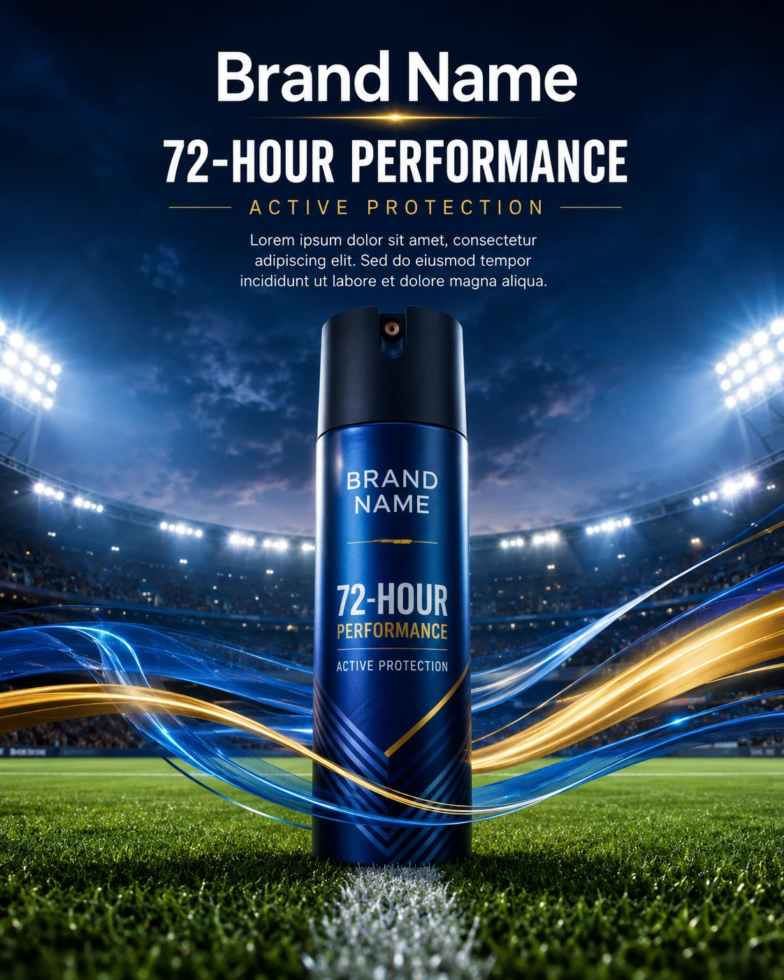 Luxury sports deodorant campaign with a premium aerosol can on a football field.